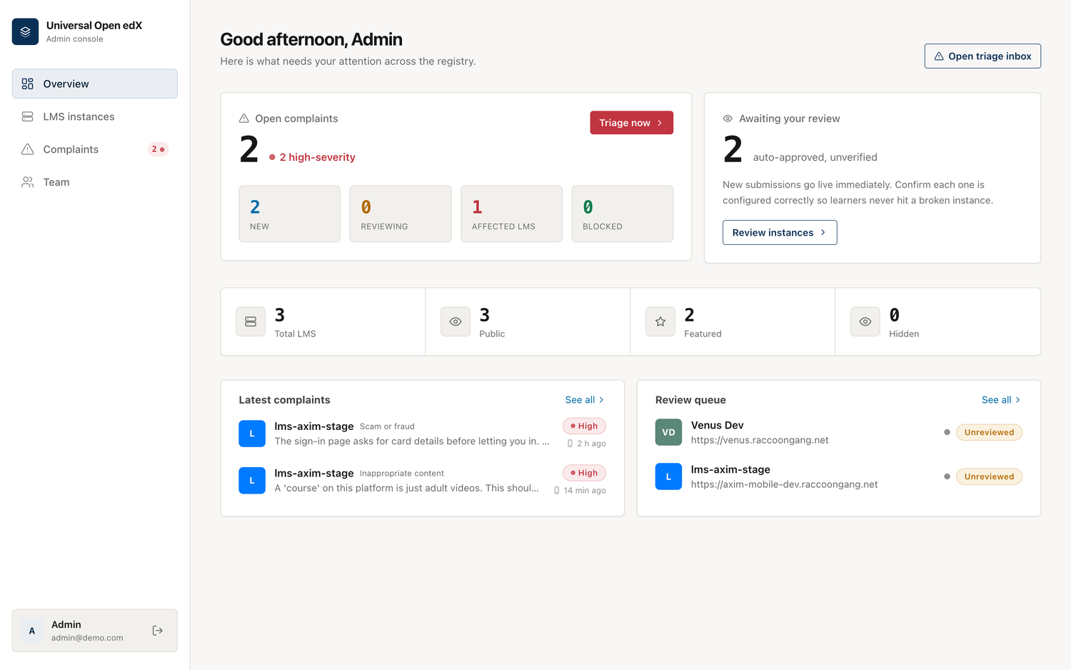 The admin console overview