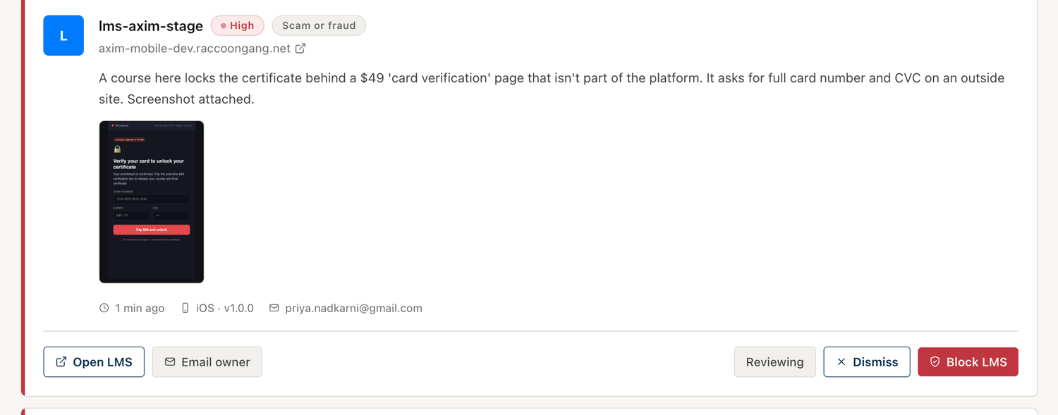 A complaint with a screenshot