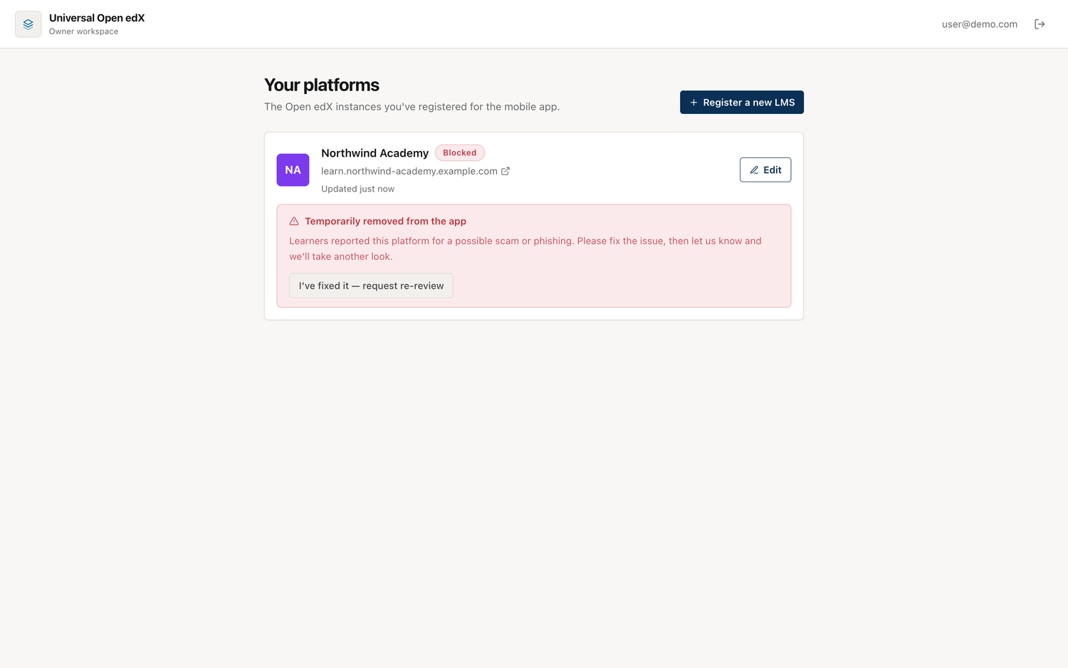 Owner sees a block and the reason