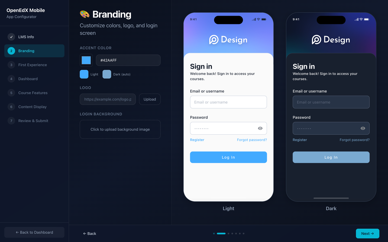 Branding step with a live light/dark app preview