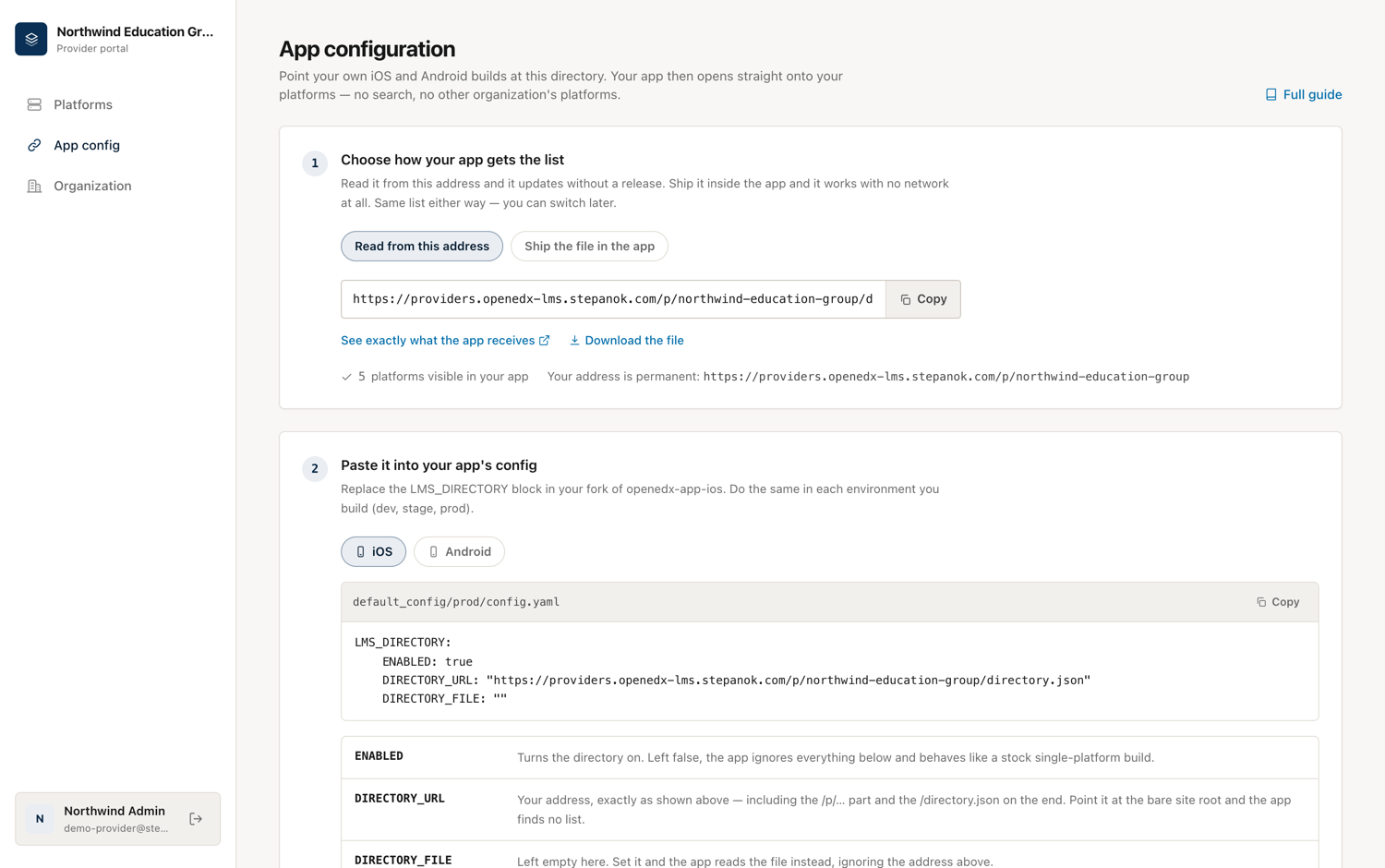 The App config view