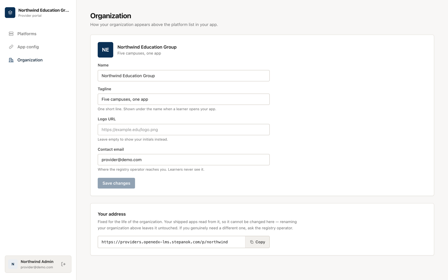 The organization settings view