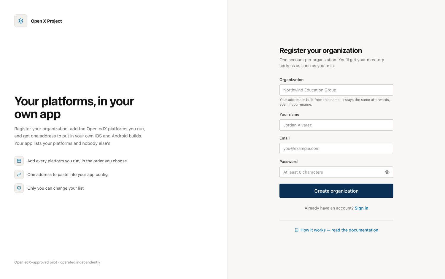 The provider sign-up form